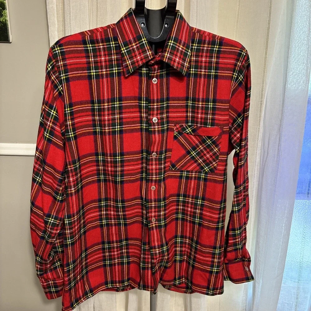 Vtg Sz L Henryk Shirt Mens Large Red Blue Plaid Button Up Wool Blend Made UK 90s